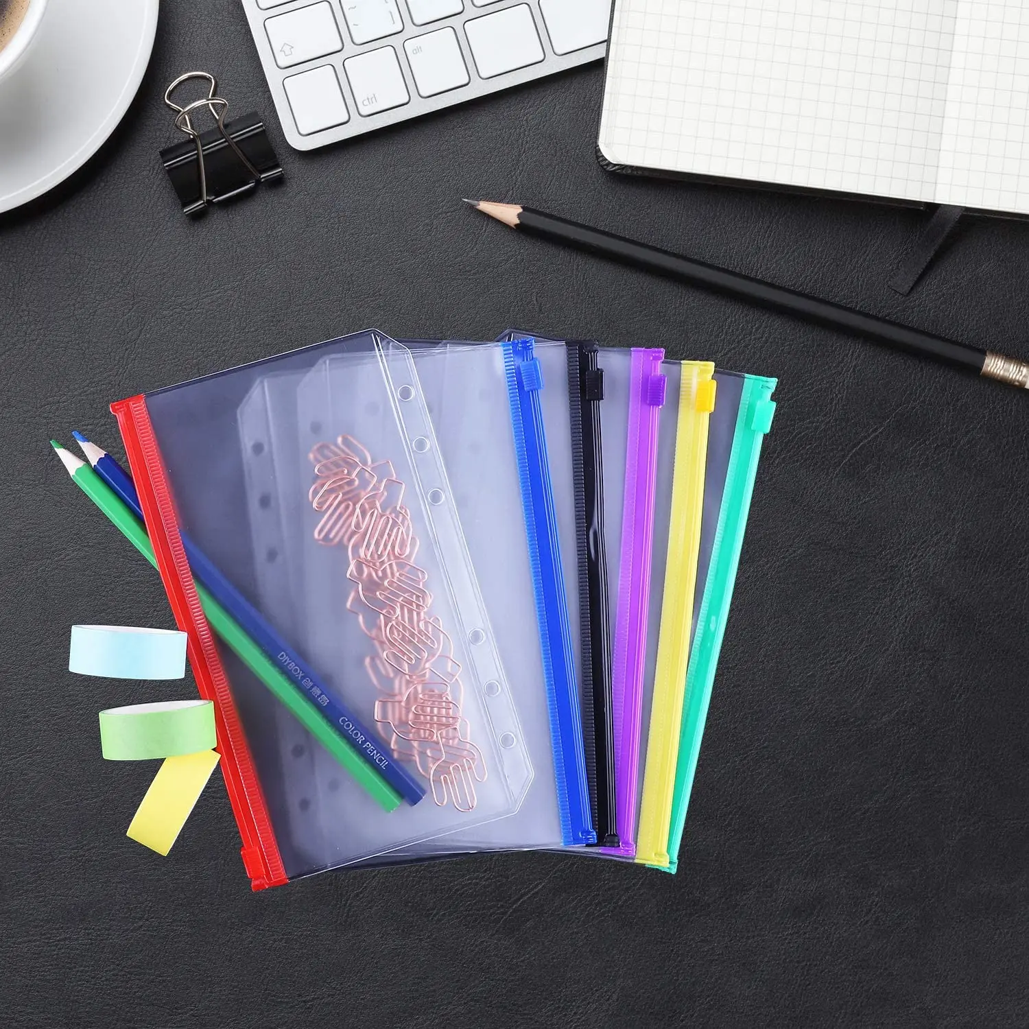 12pcs Binder Pockets A5/A6 Cash Envelopes Zipper Folders for 6-Ring Binder Notebook Loose Leaf Bags, Waterproof PVC Filing Bags