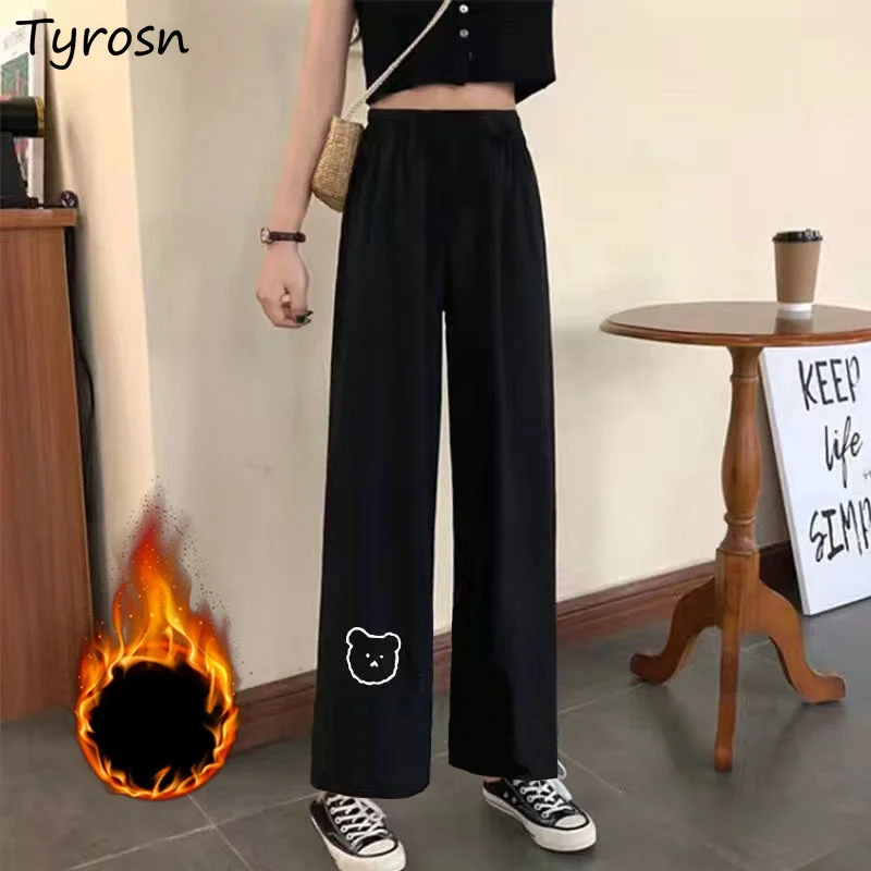 Casual Pants Women Thickening Warm Students Cartoon Print Lovely Preppy Style Loose Black All-match Trousers Mujer Korean Cozy