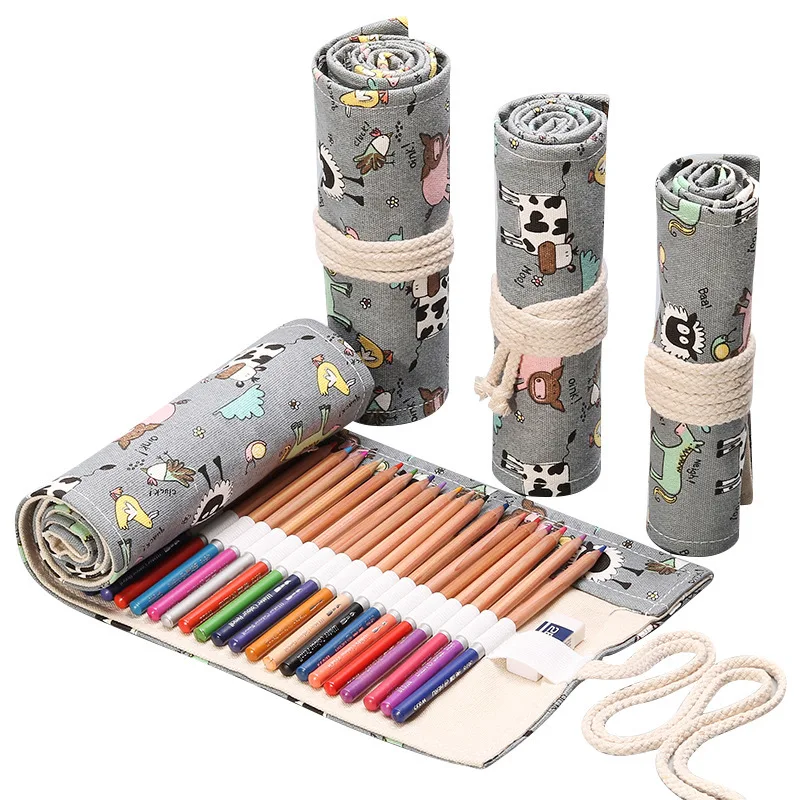 Étui à crayons coloré avec grille, esthétique antique, sac de rangement pour crayons cosmétiques, boîte de rangement de papeterie, 12 trous, 24