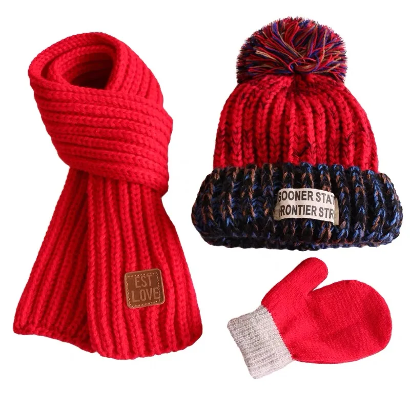 Wool three-piece set baby wool hat scarf autumn and winter boys and girls children baby cotton warm knit hat thick damp