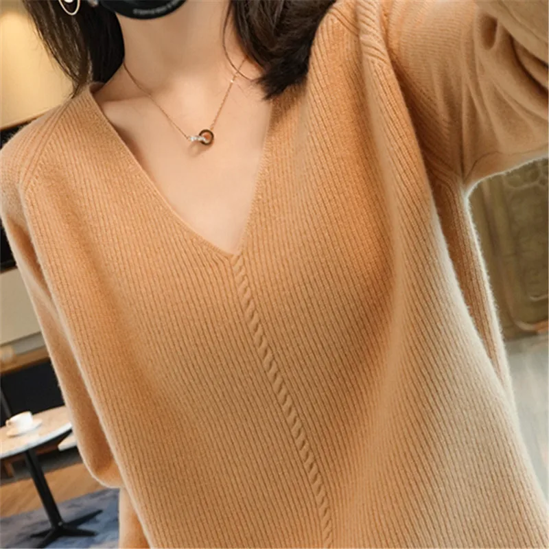 

Women's Elegant Knitting Pullover Sweaters Solid V-Neck Long Sleeves Women Loose Knitted Sweater Autumn Spring 2021