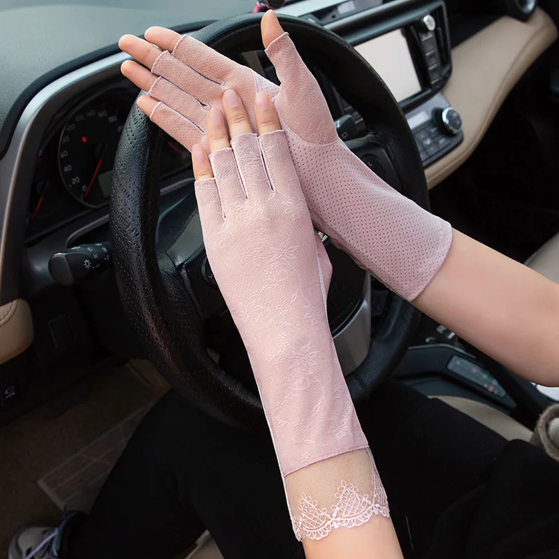 Women Summer Sexy Lace Mid-Length Ice Silk Sunscreen Anti-UV Thin Half Finger Gloves Cycling Drive Breathable Non-Slip