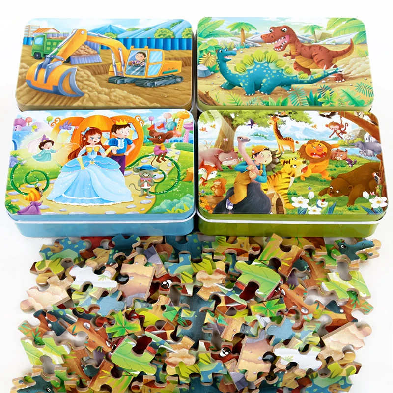 

New 60 Piece Box Wooden Jigsaw Animal Anime Cartoon Plane Imposition Children Early Education Learning Educational Toy Gift