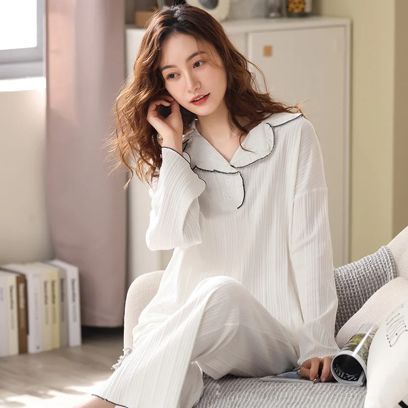 Pajamas for Women 100% Cotton Set White Pijama PJ Long Sleeves Nightwear Pure Cotton Sleepwear Women 2021 Winter Pyjama Femme