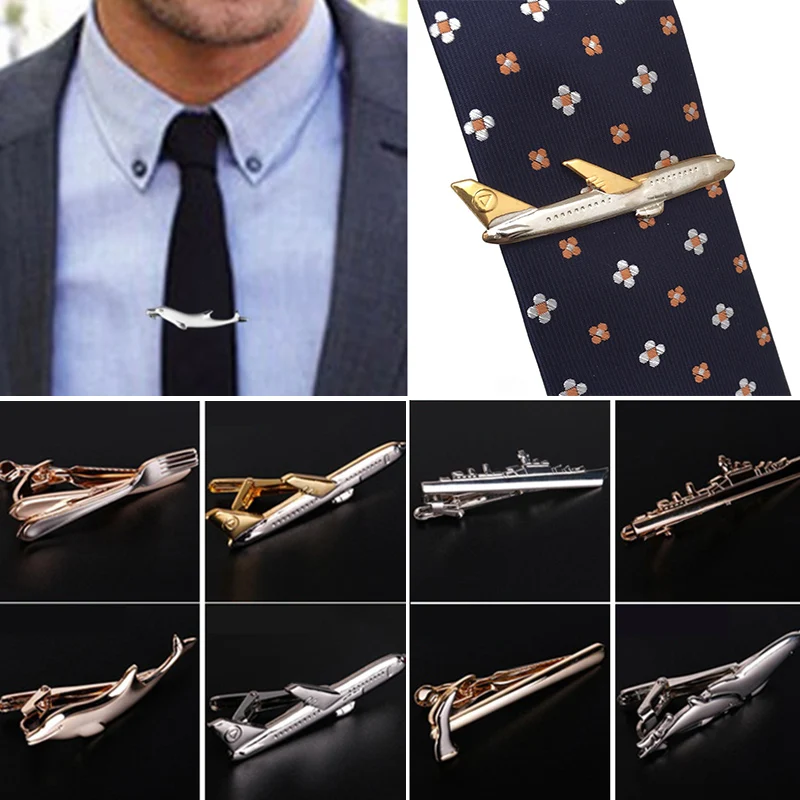 Men Trendy Tie Clips Cufflinks Metal Steamship Dolphin Airplane Tableware Tie Bar Wedding Party Jewelry Pin Clip Clasp Gifts