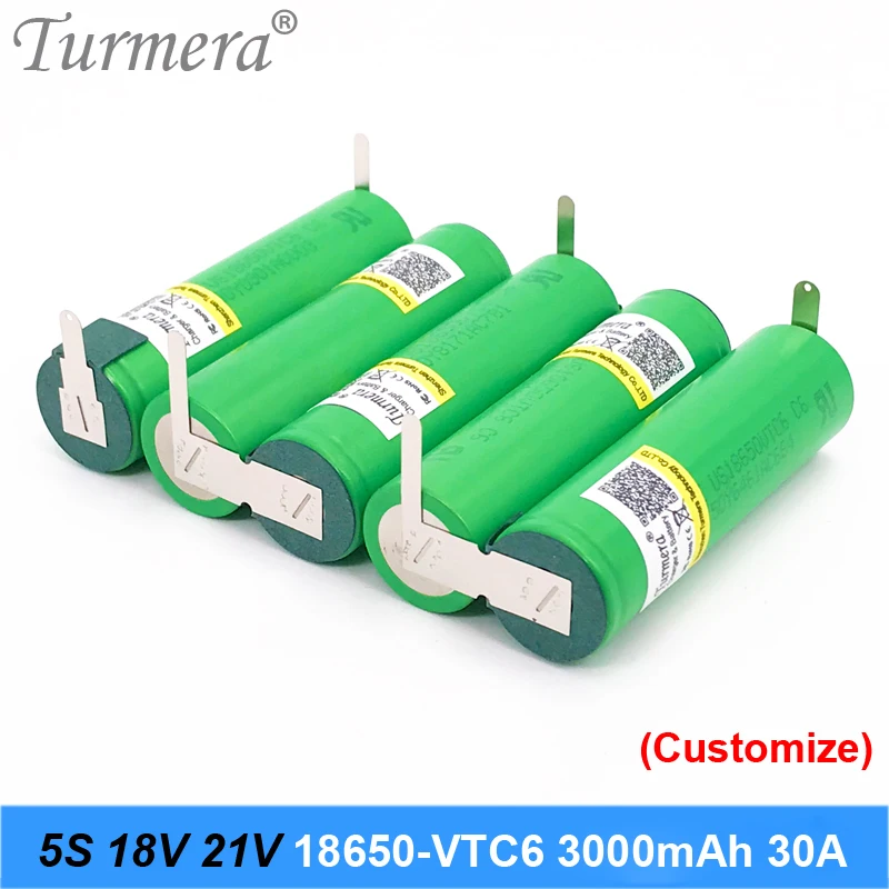 Turmera 3S 12.6V 4S 16.8V 5S 21V 6S 25V US18650VTC6 3000Mah แบตเตอรี่30A สำหรับ Shurika ไขควง (ปรับแต่ง)