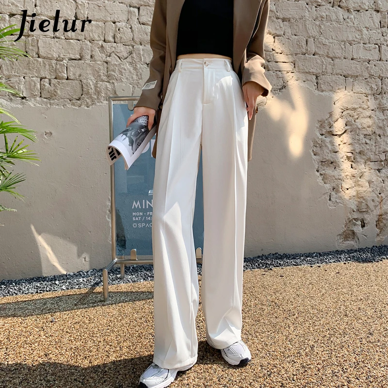 Jielur New Korean Style Zipper White Wide-leg Pants Women Solid Color Suit Trousers Female Autumn Gray High-waist Straight Pants