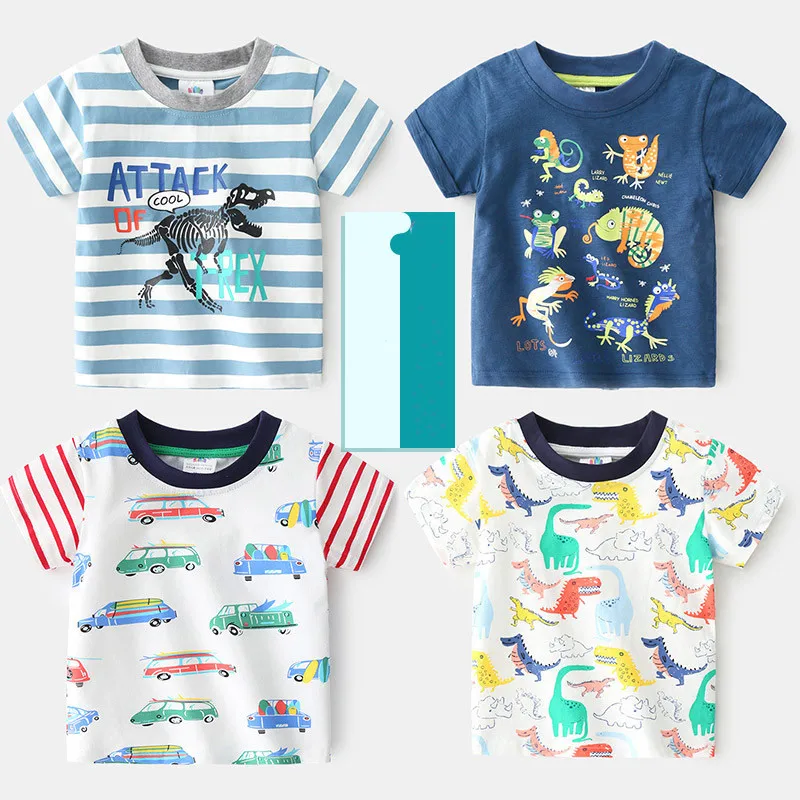 2024 Summer 2 3 4 5 6 8 10 Years Children\'S Clothing Dinosaur Car Striped Tees All Match Basic Tops Cartoon T-Shirt For Kids Boy