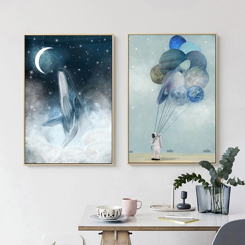 

Abstract Blue Whale Canvas Painting Astronaut Planet Poster Print Nordic Wall Picture for Living Room Nordic Wall Art Tableaux
