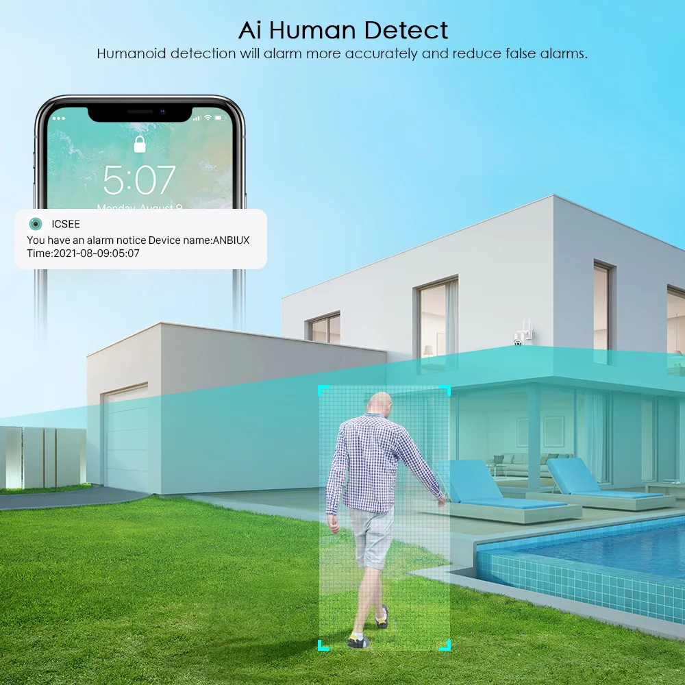 Caméra de Surveillance extérieure PTZ IP WiFi HD 3MP/5MP/8MP/4K, 1080P, H.265, dispositif de sécurité sans fil, avec ia, pour la détection humaine