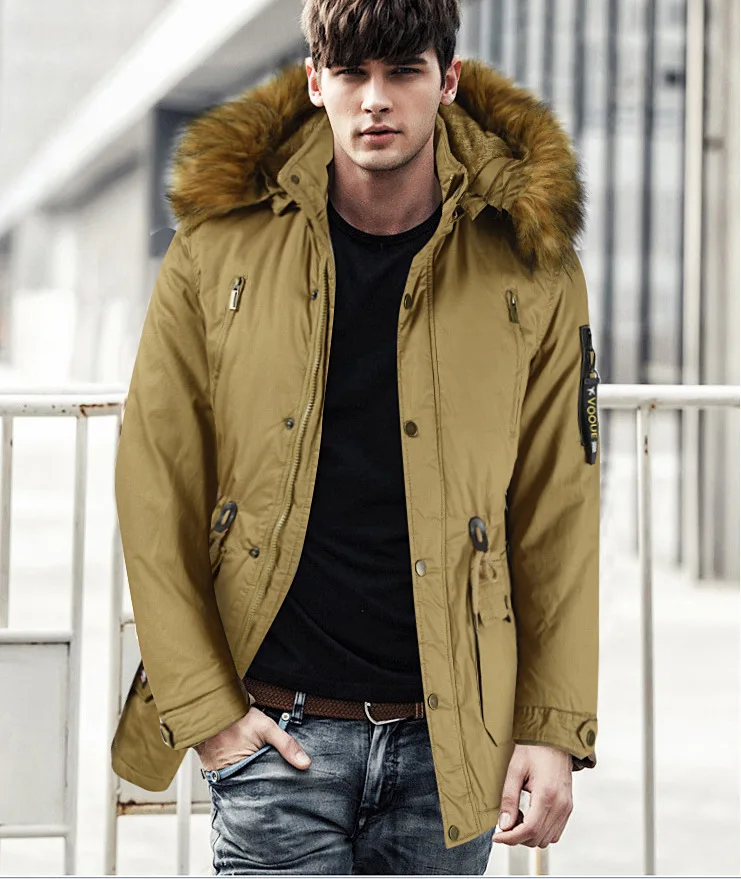 Men's Thicken Parka Fur Collar Hooded Long Sleeve Pockett Zipper Button Medium Length Solid Cotton Male Casual Winter Coat