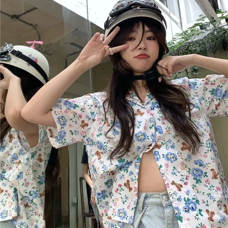 Shirts Women Floral Summer Fashion Elegant Retro Casual Korean Style Holiday All-match Chic Streetwear College Female Tops Soft