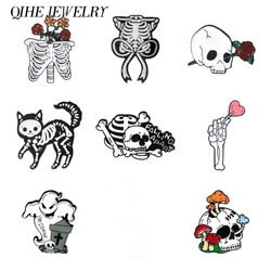 QIHE JEWELRY Rib Cage Pins Collection Human Rib Cage Skeleton Cat Bone Gothic Punk Brooches Lapel Pin Radiology Jewelry