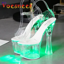 Voesnees Women Shoes Light Sandals Clear Heel Multicolor Light-emitting Platform Buckle Strap High Heels 18 cm Square Heel Stage