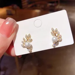 Fashion Gold Color Leaf Pearl Stud Earrings For Women 2024 Vintage Crystal Earring Girl Party Jewelry Gifts Boucle Oreille Femme