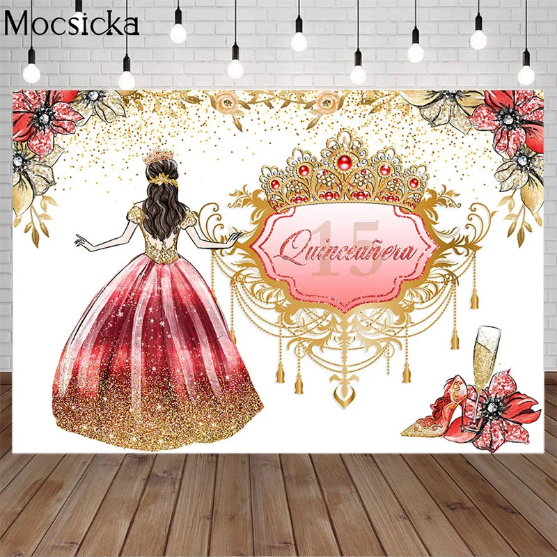 

Quinceanera Princess Backdrop Gold Glitter Sweet 15th Girl Birthday Photo Party Cake Table Decoration Props Customize Background