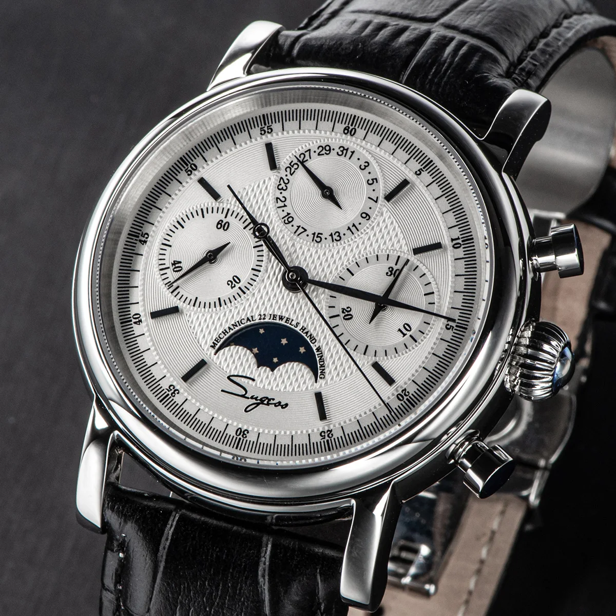 Sugess Pilot Chronograph Mechanical Watches Men Waterproof Original ST1908 Movement Moon Phase Calendar Wristwatch Swanneck 2022