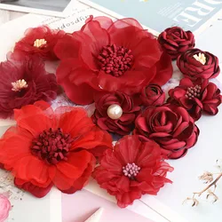 10PCS/Lot Red Series Rose Camellia Chiffon Fabric Flower For Wedding Invitation Artificial Flowers For Dress Decoration