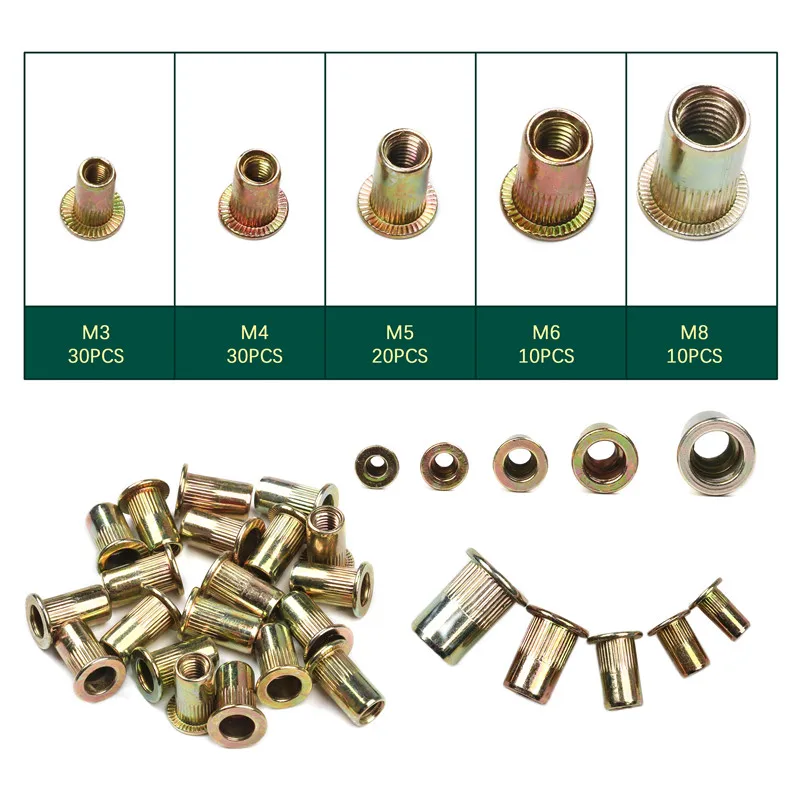 100PCS/lot With Box Carbon Steel Rivet Nuts M3 M4 M5 M6 M8 Multi Size Insert Rivets Flat Head Rivet Nuts Set