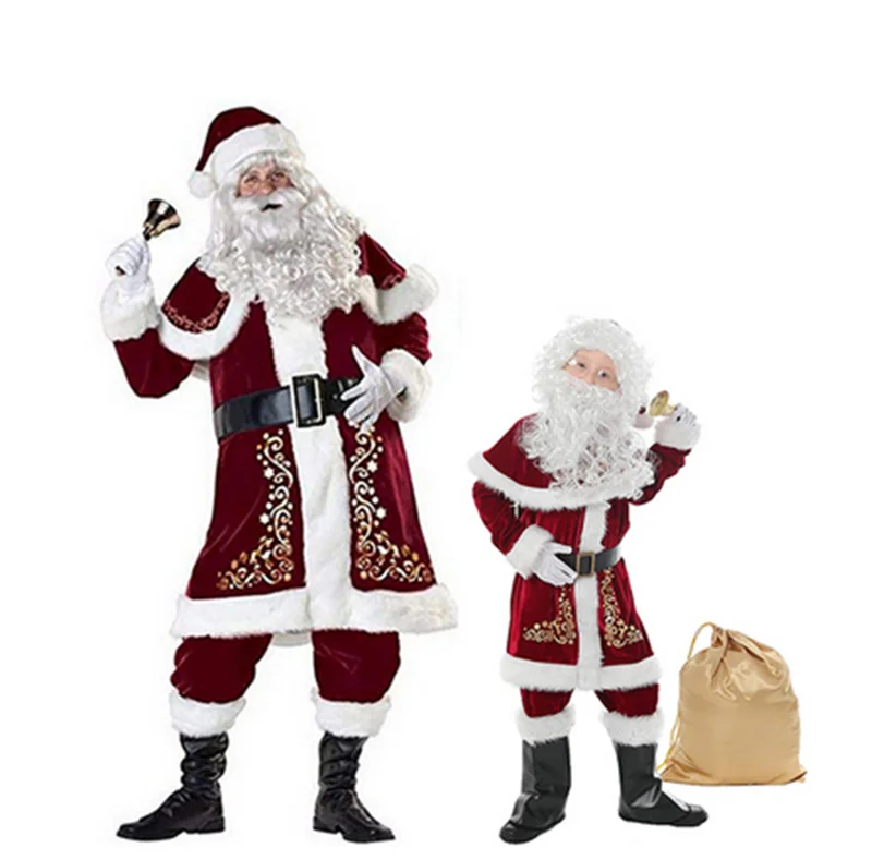 Xmas Santa Claus Suit Adult Christmas Cosplay Costume Red Deluxe Velvet Fancy 9pcs Set Xmas Party Man Costume S-XXL