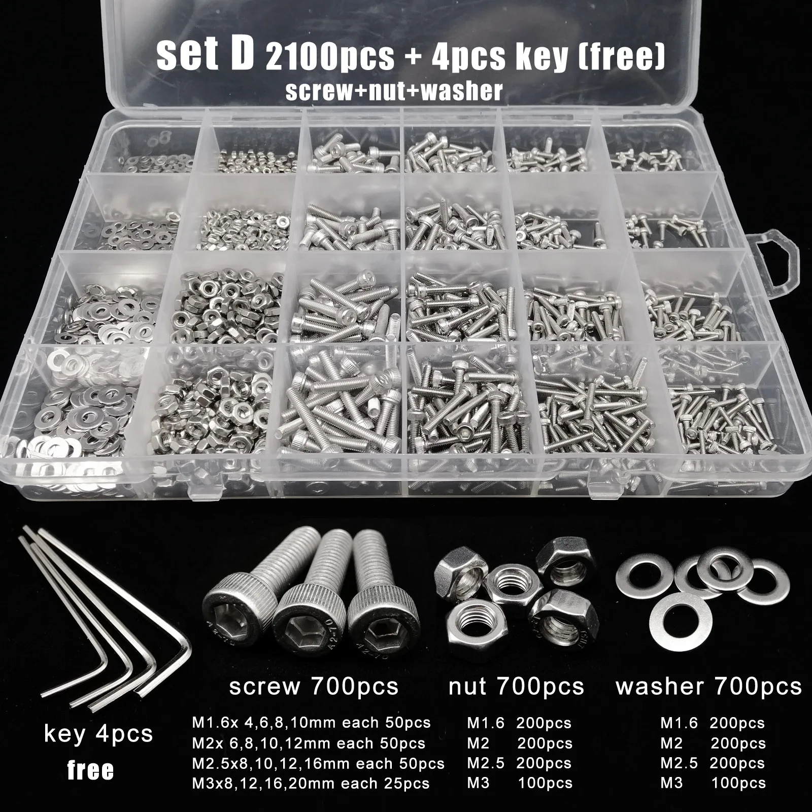 Totaal 400/650/1140/2100X M1.6 M2 M2.5 M3 M4 M5 304 roestvrij staal zeskant zeskant dop hoofd schroef bout moer set assortiment kit