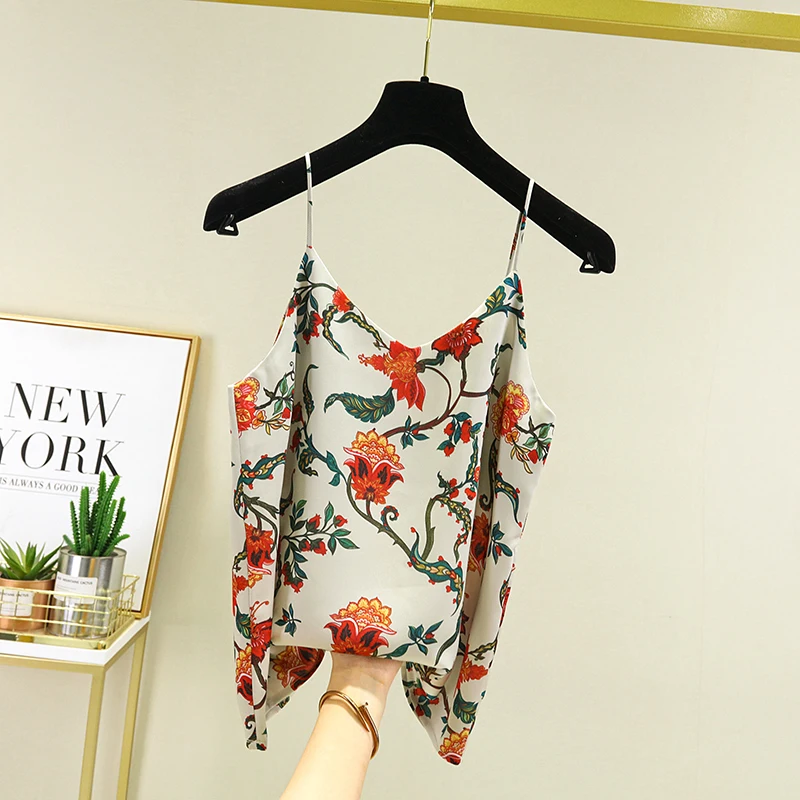 

Silk Flower Halter Vest Female Summer Outside Wear Suit Inside V-neck Bottom Sexy Print Tank Top Lingerie Women