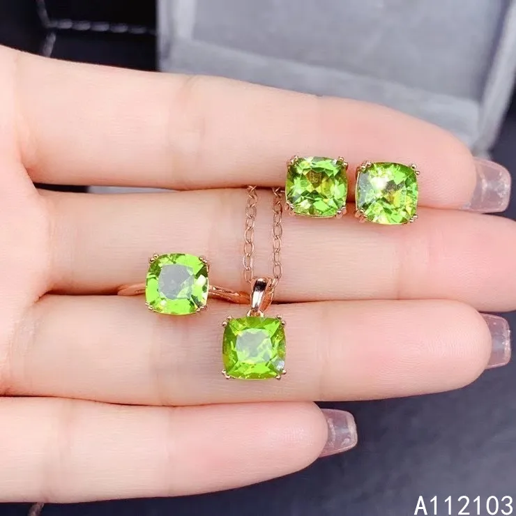 KJJEAXCMY fine jewelry 925 sterling silver inlaid natural peridot Fresh Chinese style Pillow Ring Pendant Earring Set support te