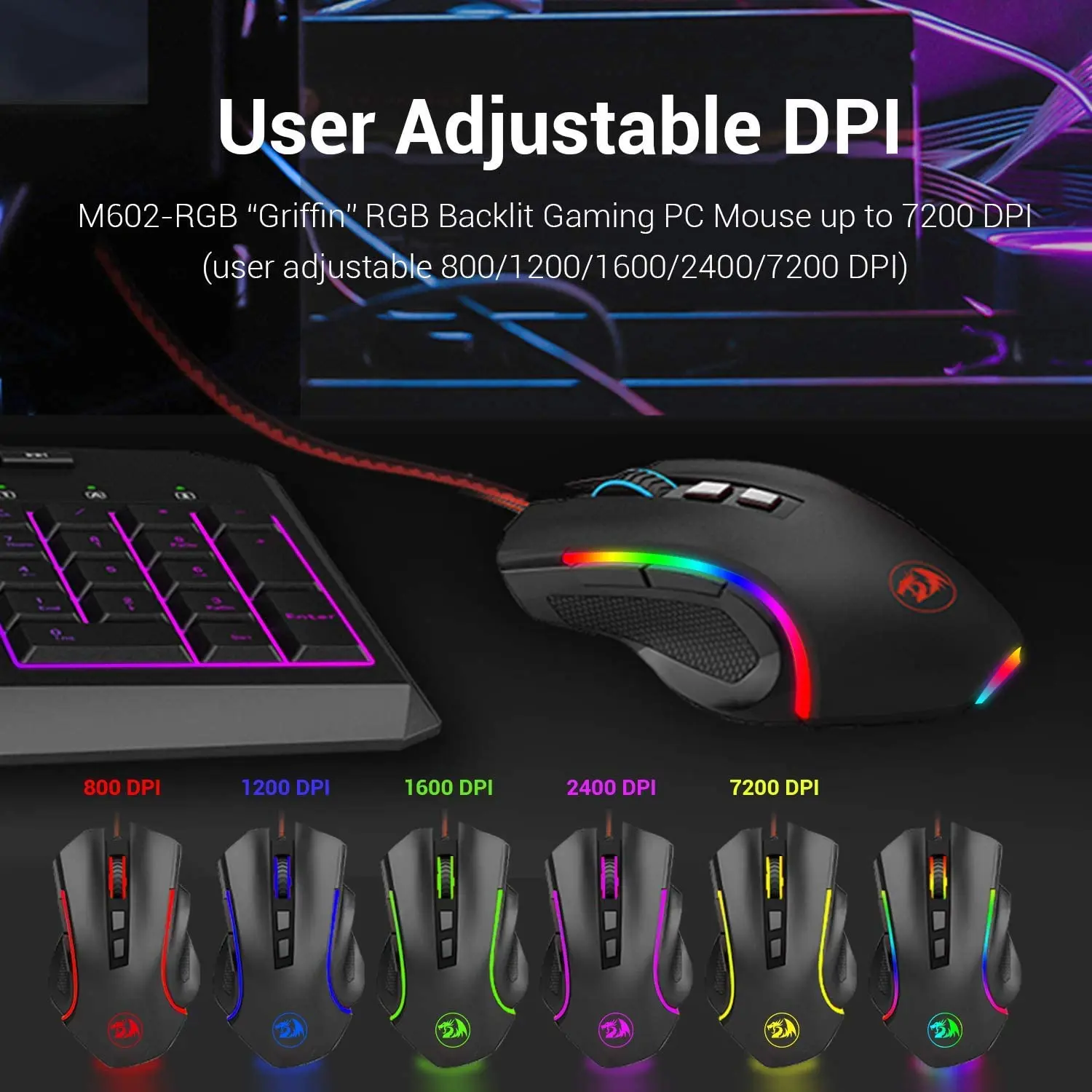 Redragon-ratón con cable para videojuegos, Mouse programable con retroiluminación RGB, 7200 DPI, M607