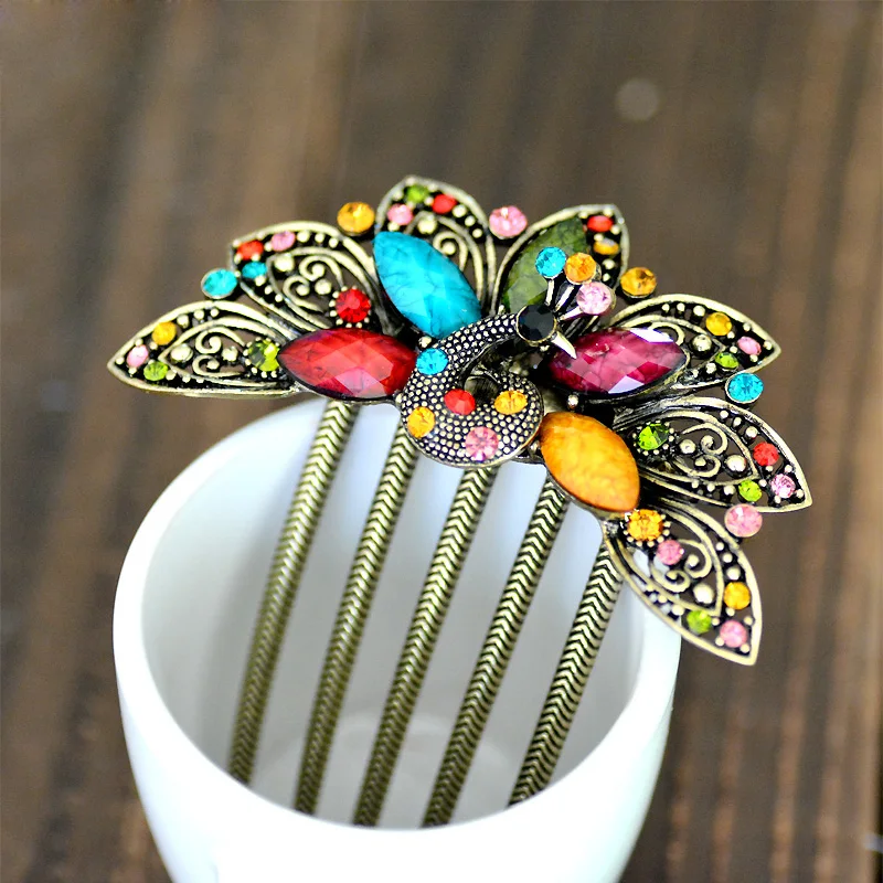 Morkopela Peacock Hair Comb Clip Chinese Hair Pin Jewelry Banquet Rhinestone Hairpin Hair Accessories For Women