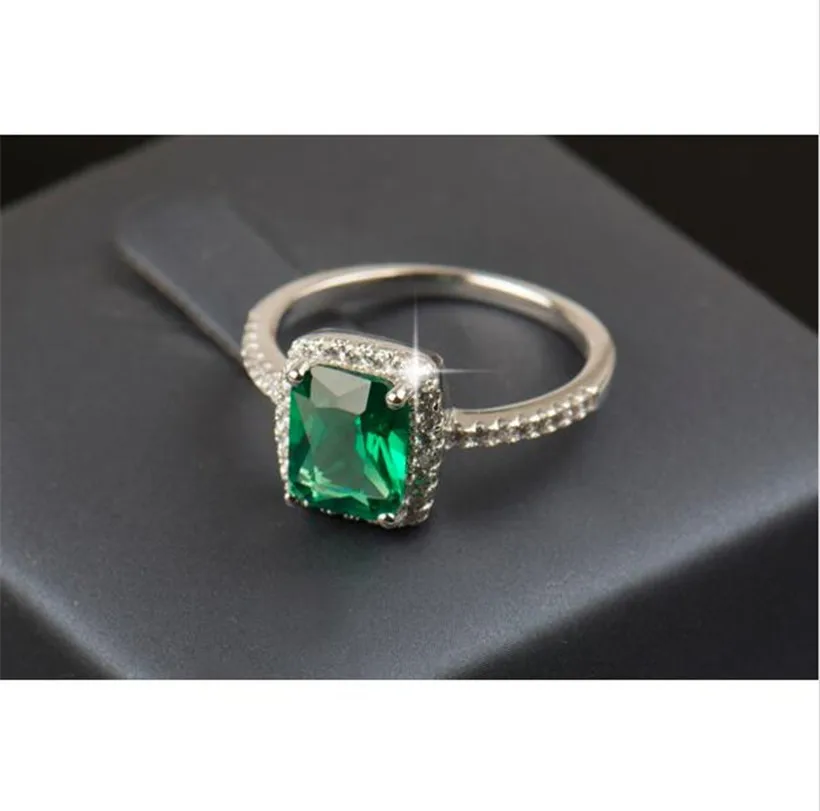 Real s925 Sterling Silver Wedding Rings for Women Princess-cut 5a CZ Green gemstone Ring Engagement Simulated Platinum Jewelry
