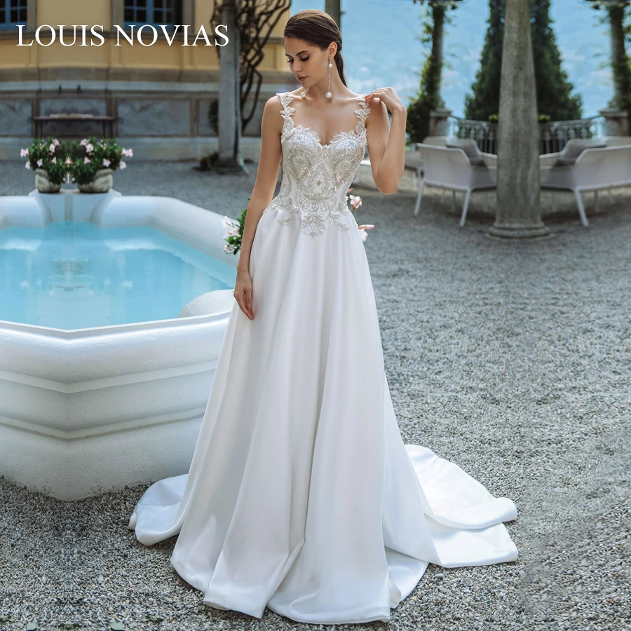 Louis Novias Romantic Vintage Wedding Dress 2020 Sweetheart No Back Foam Sleeve Soft Satin Applique A-shape Wedding Dress