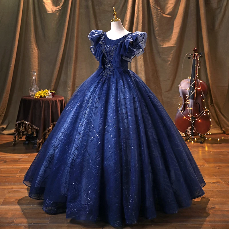 AnXin SH vintage azul marino flor encaje o cuello rebordear cristal princesa volantes manga corta vestido de baile vestido de noche personalizado