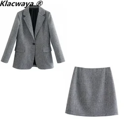 Klacwaya 2021 moda feminina conjunto de duas peças vintage único botão manga longa xadrez blazer feminino cintura alta a linha saia terno