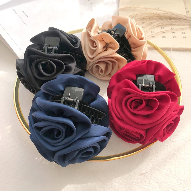 Pink Coffee Red Black Blue Cloth Alloy Acrylic Resin Roses Flowers Hair Claws Jaw Clips Headwear for Women