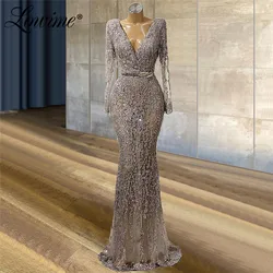 Purple Tassel Beading Evening Dresses V Neck Long Sleeves Party Dress With Silver Belt 2021 Couture Mermaid Lace Prom Dress Robe