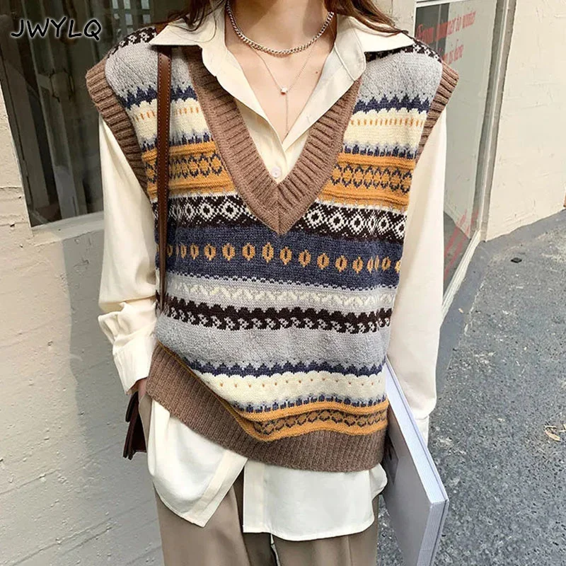 Vintage Argyle V-neck Knitted Sweater Vest Women Loose Sleeveless Sweater Pullover Autumn Korean Casual Oversized Knit Waistcoat