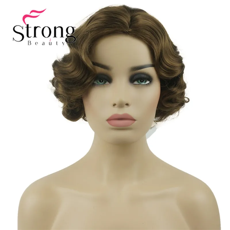 StrongBeauty Ngắn Ngón Tay Sóng Vàng Nâu Full Tổng Hợp Tóc Giả Hóa Trang Retro Tóc Giả