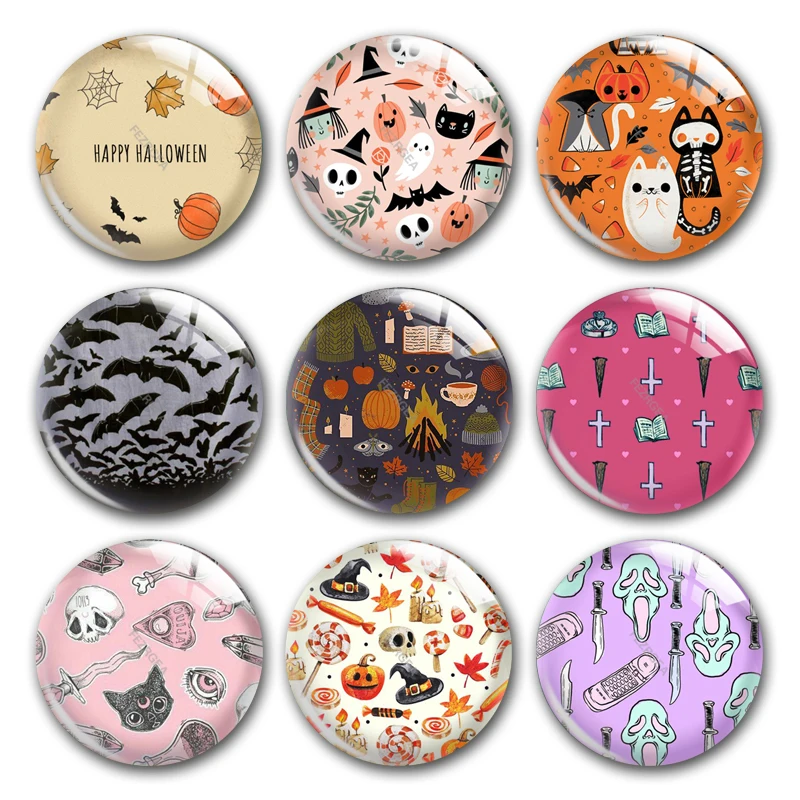 Handmade BOO Fhost Halloween Party Witch Cat Round Photo Glass Cabochons Demo Flat Back DIY Jewlery Making Findings Accessory