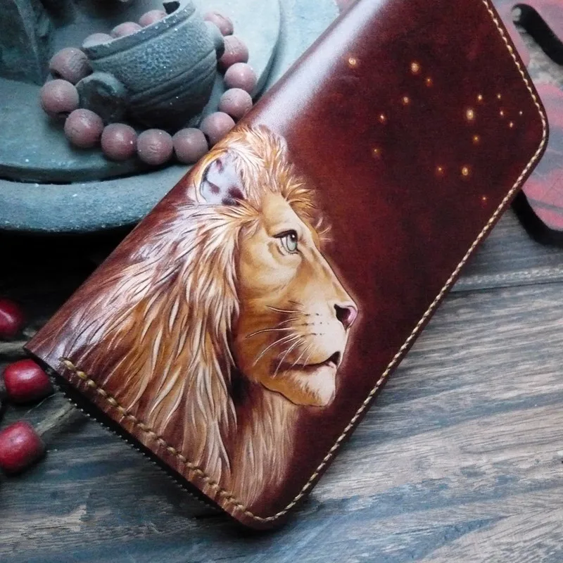 

Handmade Genuine Leather Wallets Carving Lion Leo Bag Purses Women Long Clutch Vegetable Tanned Leather Wallet Gift