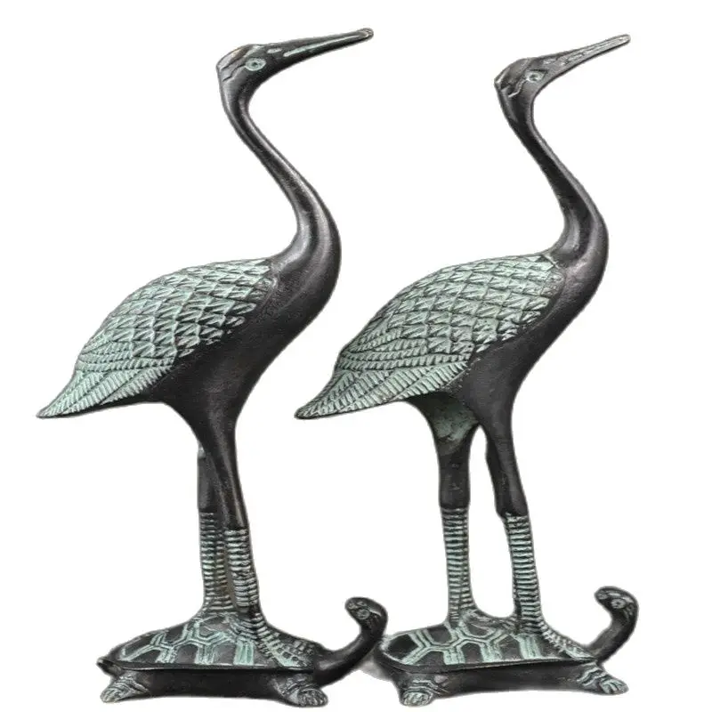 Old Collectible Copper Carving Statue, Red Crowned Crane, Step On The Turtle Pair Statue