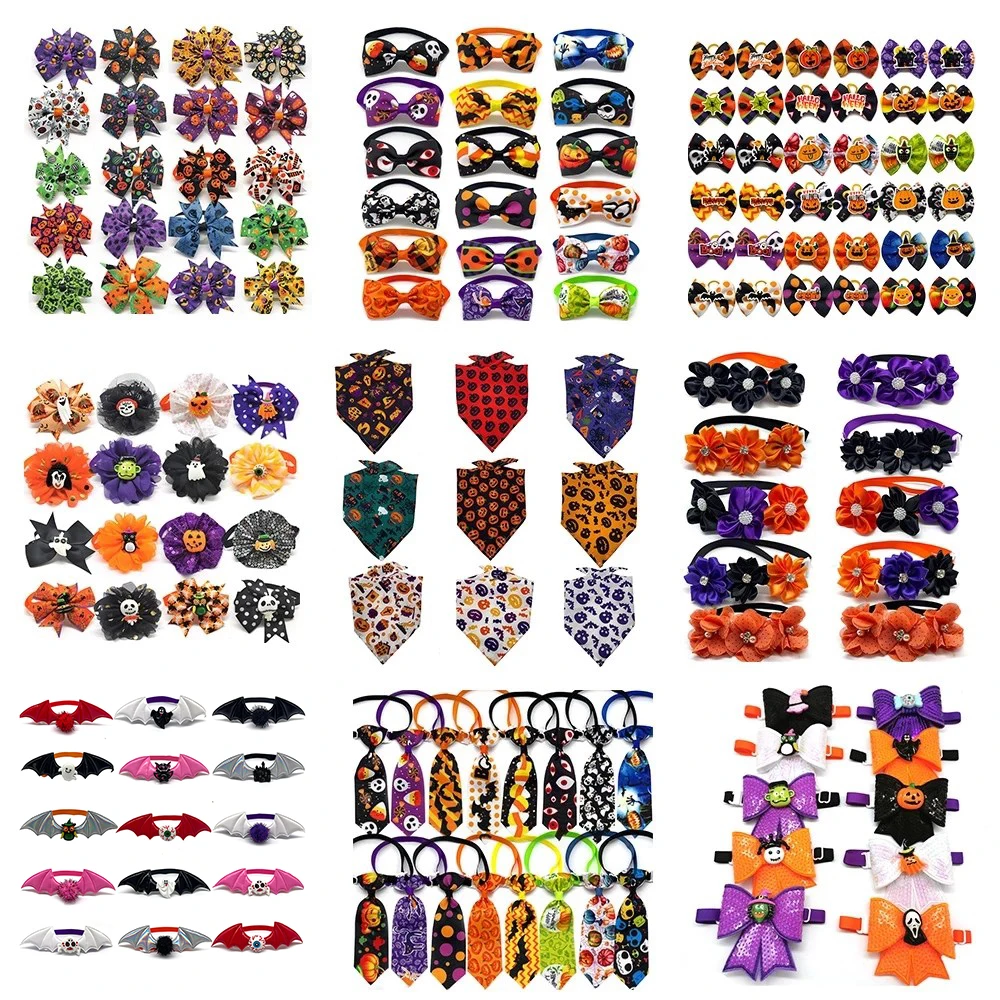 50pcs Halloween Pet Accessories Dog Bandana Pet Dog Hair Bows Small Dog Bowtie Neckties Pet Dog Collar Accessoreis Pumpkin Ties