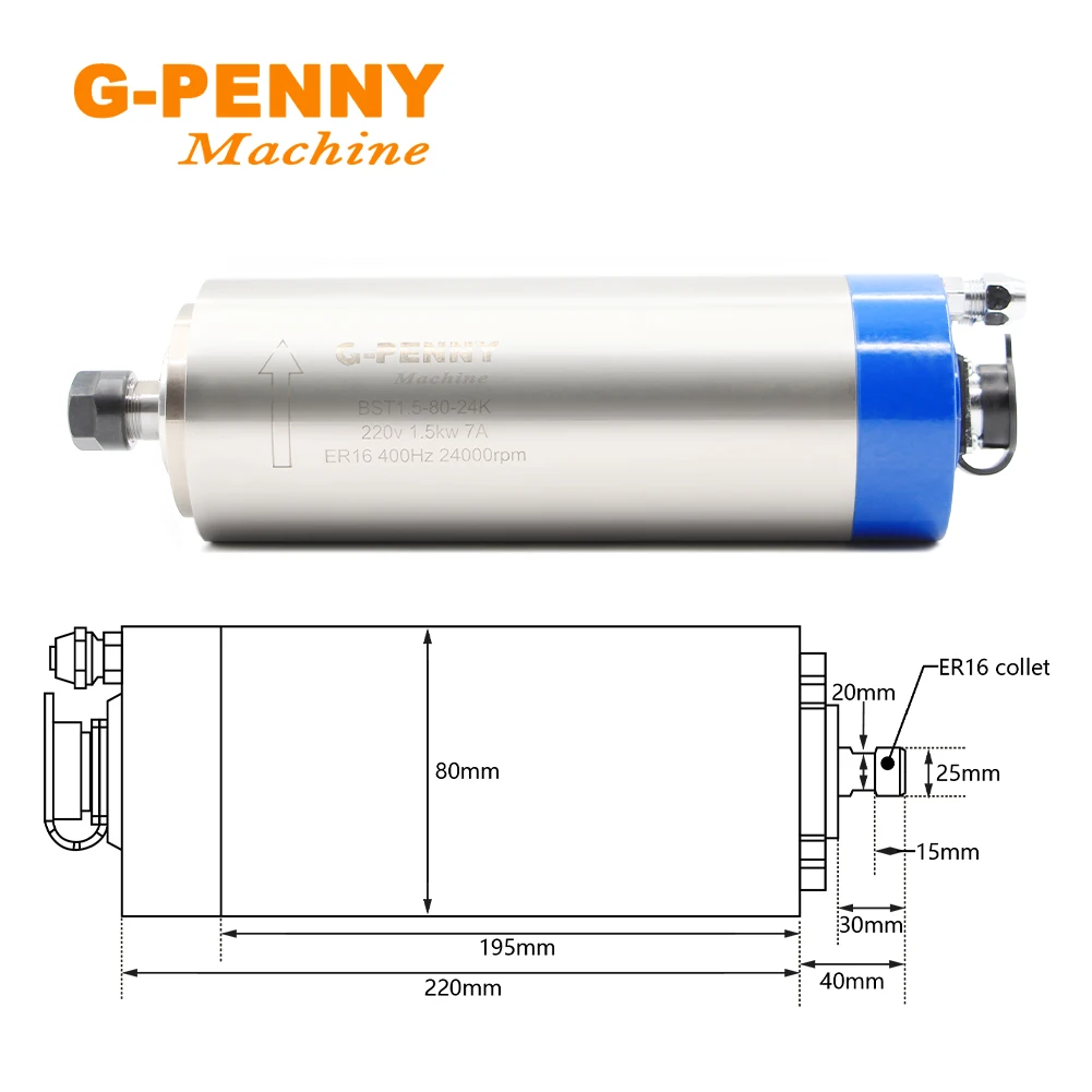 G-Penny 1.5kw ER16 Water Cooled Spindle 80*220mm 110v/220v/380v 400Hz 4 pcs ball bearings CNC Spindle Motor wood working