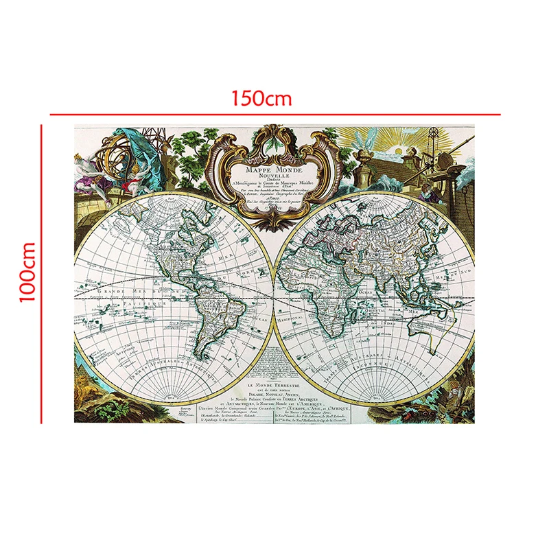 150X100Cm Vintage Franse Kaart Oude Versie Office Decoratieve Kaart Non-woven Non-Geur Inklapbare Wereld map Posters