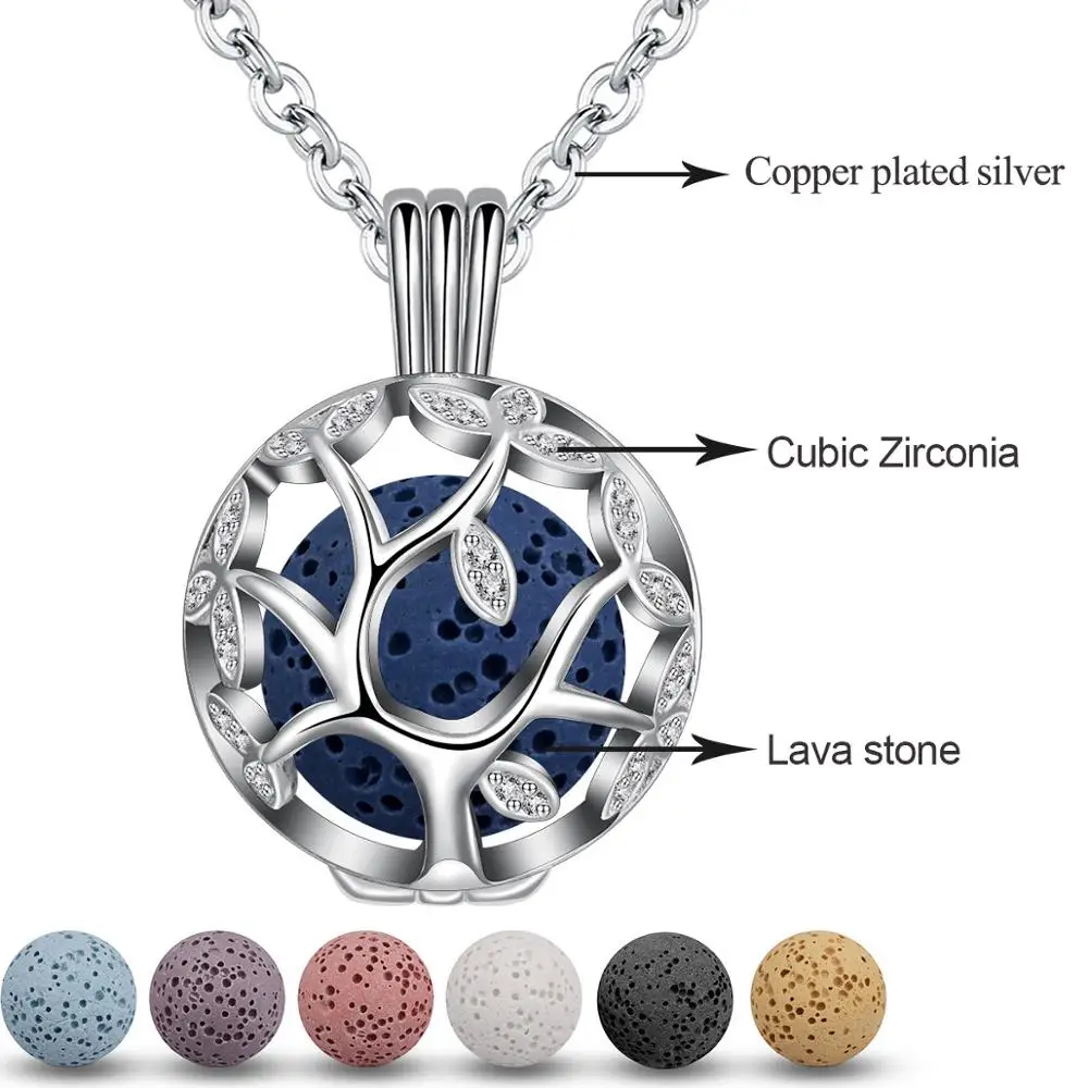 EUDORA 14mm Tree Of Life Pendant Aromatherapy CZ Cage Locket Diffuser Necklace Fit Volcanic Lava Stone Ball Fine Jewelry K187