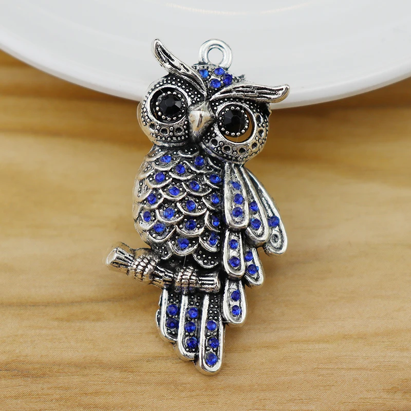 5 Pieces Large Owl & Rhinestone Tibetan Silver Charms Pendants for Jewelry Necklace Making Accessories 45x25mm