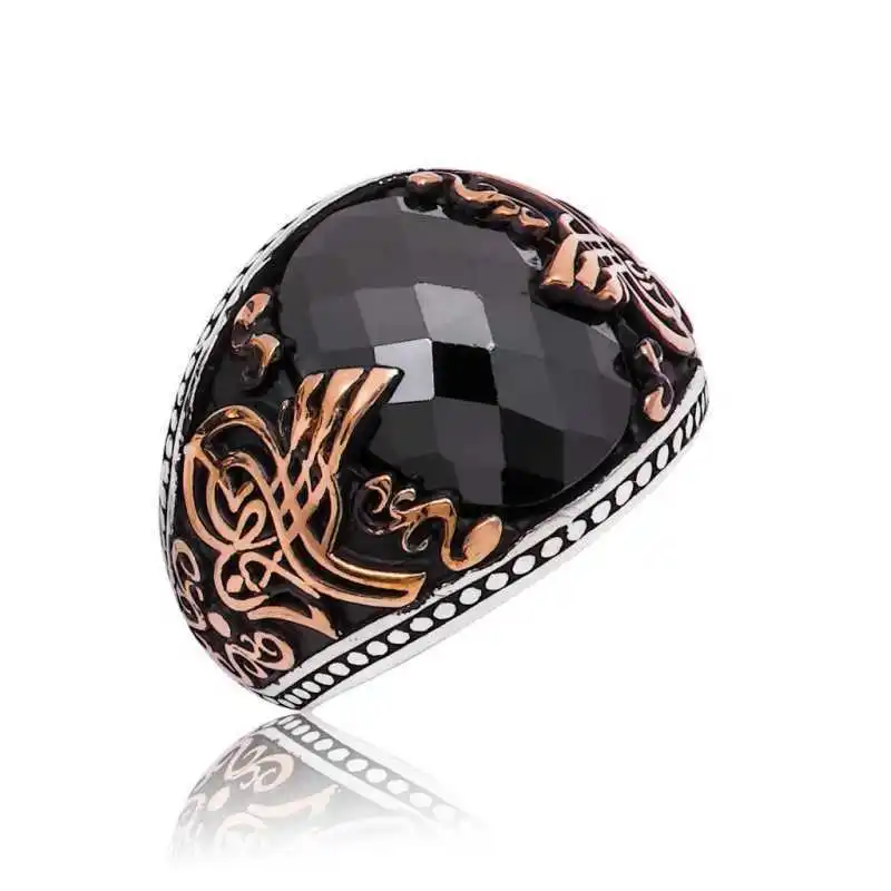 Silver Black Stone Tugra Men's Ring - 925 Sterling Men's Jewelry Wedding Birthday Gift - Box - Men - Fashion - Botiva - Size - Turkish - Patterned Embroidery