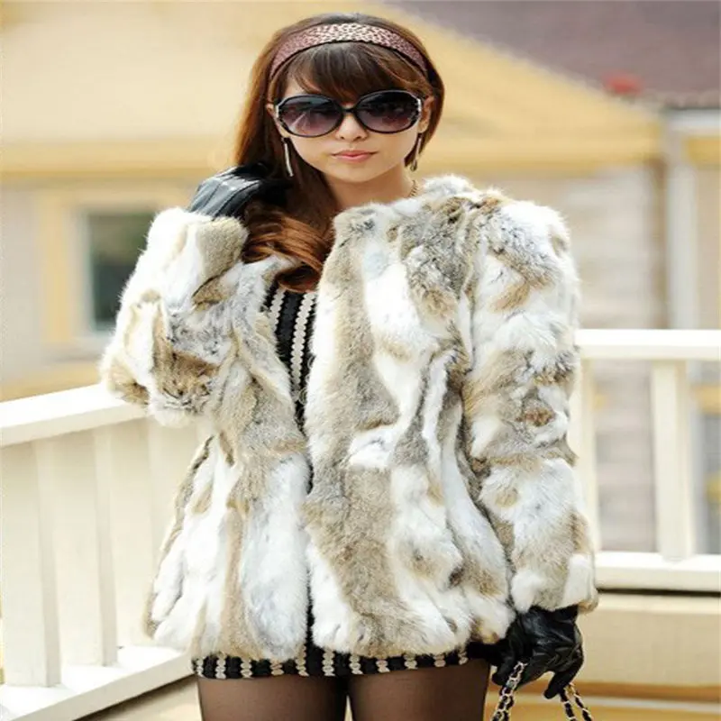 Harppihop*Real Farm Rabbit Fur Coat Women Striped Jacket Luxury Parkas Wedding 70cm