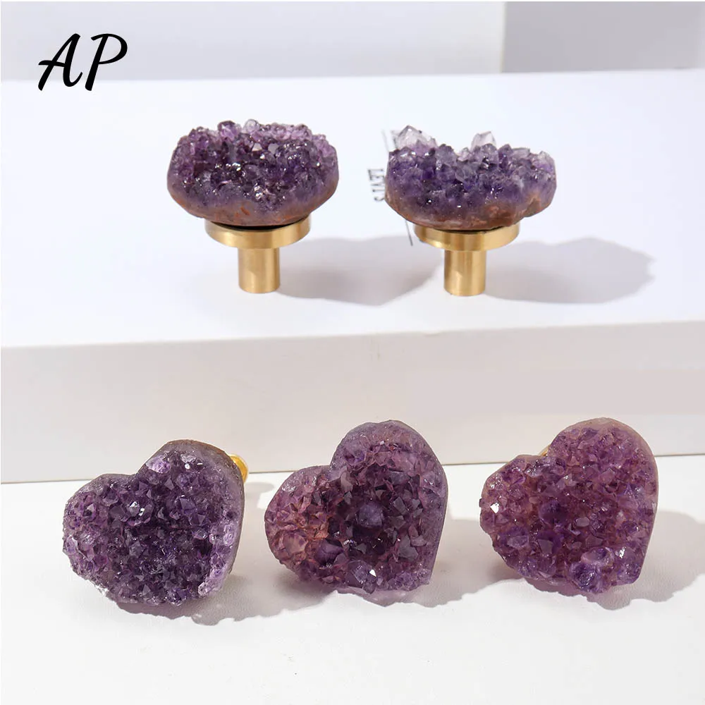 1Pc Natural Crystal Amethyst Cluster Drawer Buckle Quartz Carving Gold-Plated Metal Buckle For Cabinet Door Handle Ornament