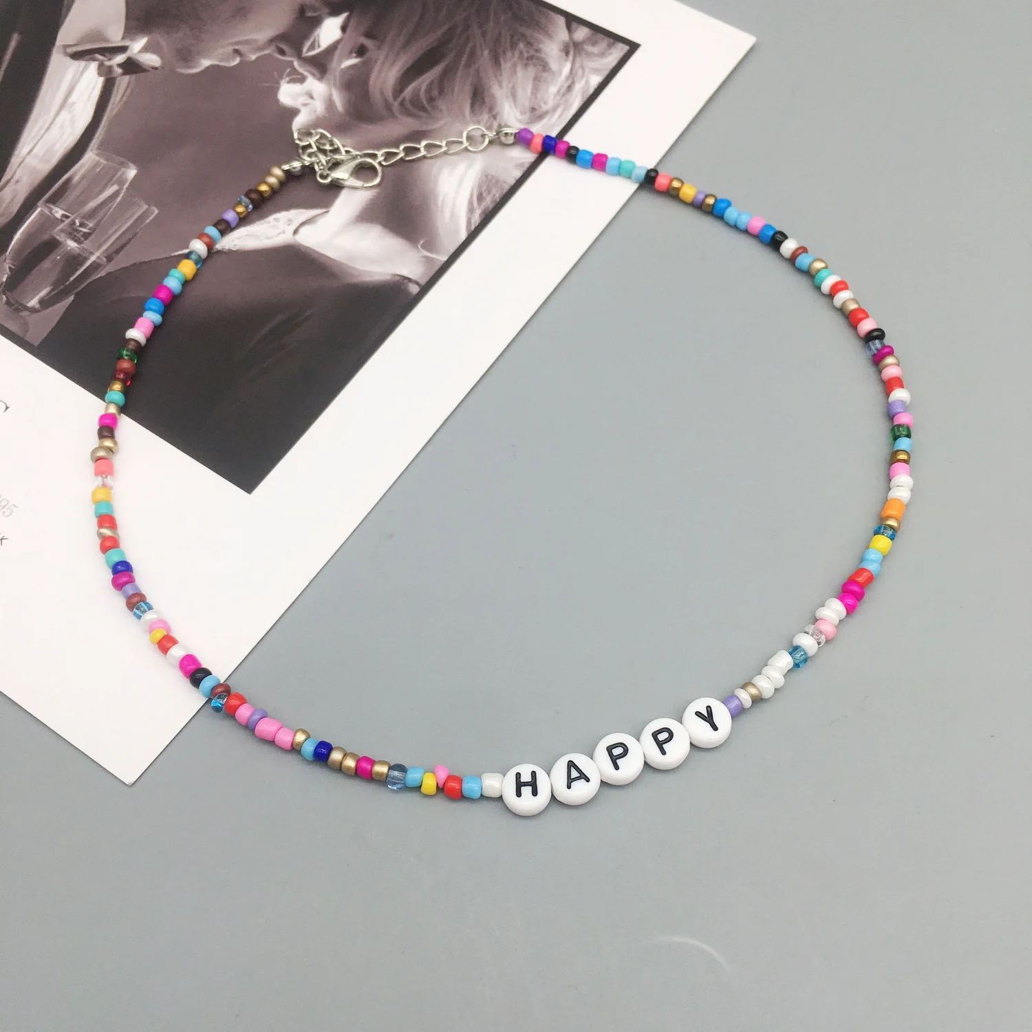 Boho Handmade Diy Seed Bead Necklace Letter Lucky Love Happy Choker Strand Chain Colorful Female Beach Collier Femme Jewelry