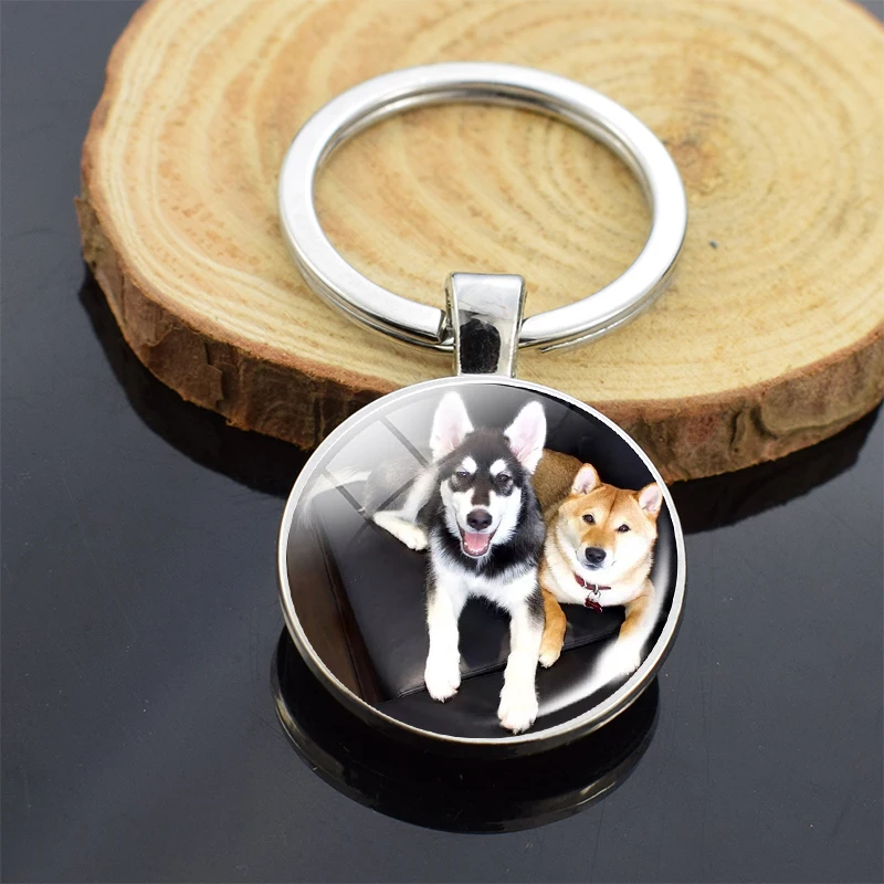 Animals Key Chains Siberian Husky Double Side Keychain Dog Photo Glass Cabochon Keyring Animals Jewelry